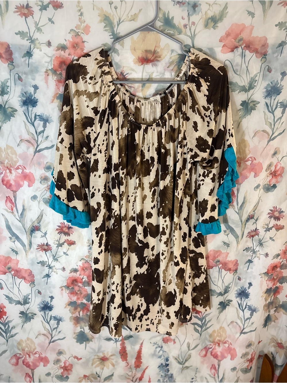 Vintage Boho Cowprint Peasant Top with Turquoise Trim